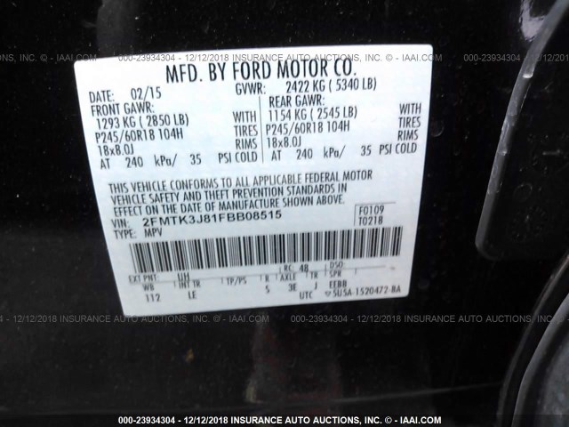 2FMTK3J81FBB08515 - 2015 FORD EDGE SEL BLACK photo 9