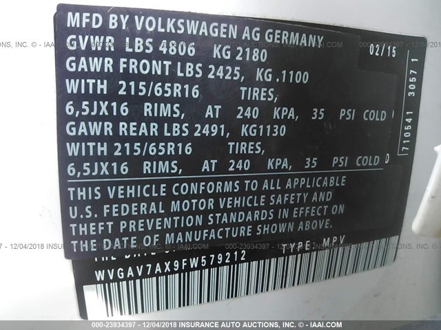 WVGAV7AX9FW579212 - 2015 VOLKSWAGEN TIGUAN S/SE/SEL/R-LINE WHITE photo 9