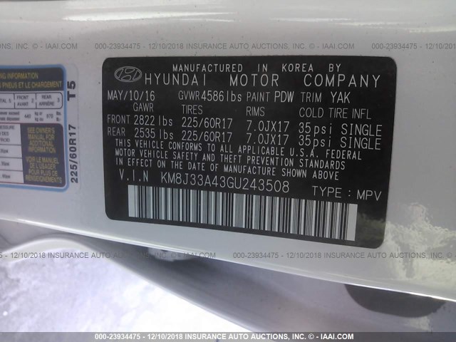 KM8J33A43GU243508 - 2016 HYUNDAI TUCSON LIMITED/SPORT AND ECO/SE WHITE photo 9