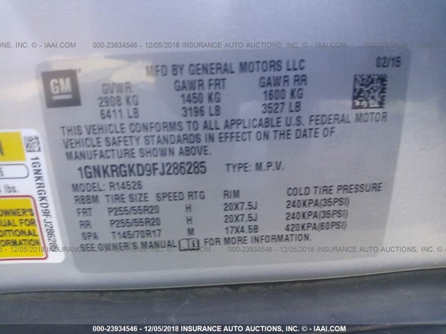 1GNKRGKD9FJ286285 - 2015 CHEVROLET TRAVERSE LT SILVER photo 9