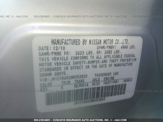 JN1CV6AR2BM352820 - 2011 INFINITI G37 SILVER photo 9