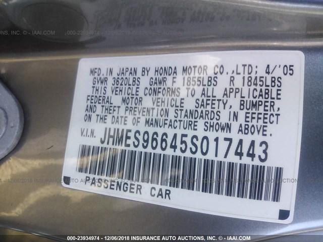 JHMES96645S017443 - 2005 HONDA CIVIC HYBRID GRAY photo 9