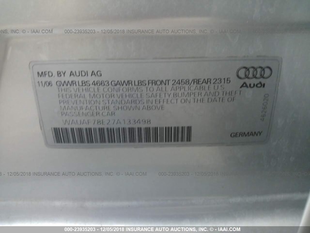 WAUAF78E27A133498 - 2007 AUDI A4 2/TURBO SILVER photo 9