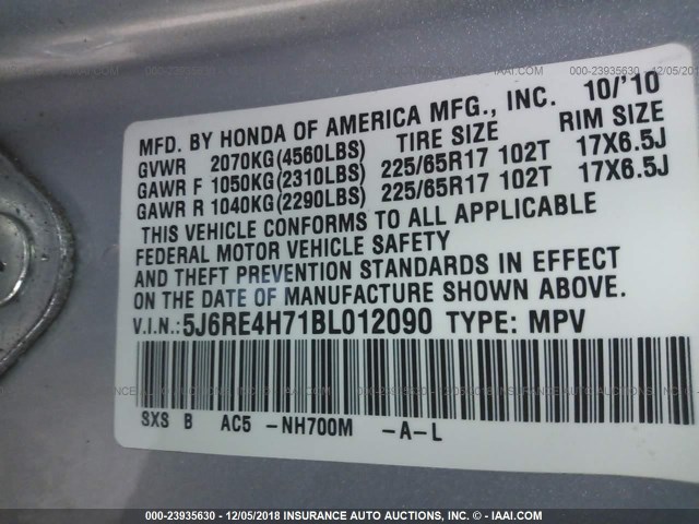 5J6RE4H71BL012090 - 2011 HONDA CR-V EXL SILVER photo 9