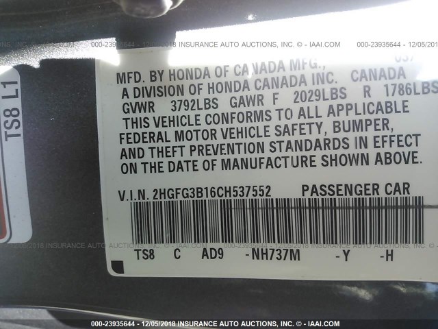 2HGFG3B16CH537552 - 2012 HONDA CIVIC EXL Boz foto 9