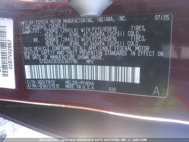 5TDZA23C05S367796 - 2005 TOYOTA SIENNA CE/LE RED photo 9