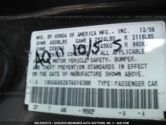 19UUA66297A016388 - 2007 ACURA TL GRAY photo 9