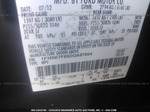 1FM5K7F89DGA87864 - 2013 FORD EXPLORER LIMITED BLACK photo 9