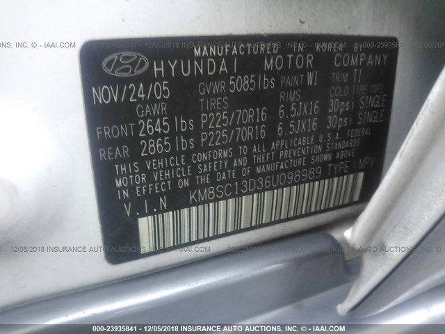 KM8SC13D36U098989 - 2006 HYUNDAI SANTA FE GLS/LIMITED WHITE photo 9