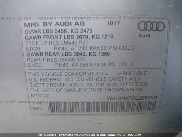 WA1BNAFYXJ2085734 - 2018 AUDI Q5 PREMIUM PLUS SILVER photo 9