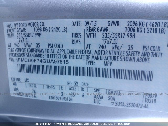 1FMCU0F74GUA97515 - 2016 FORD ESCAPE S SILVER photo 9