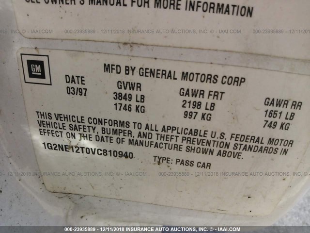 1G2NE12T0VC810940 - 1997 PONTIAC GRAND AM SE WHITE photo 9