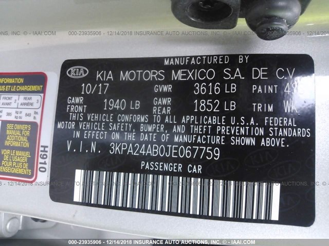 3KPA24AB0JE067759 - 2018 KIA RIO LX/S SILVER photo 9