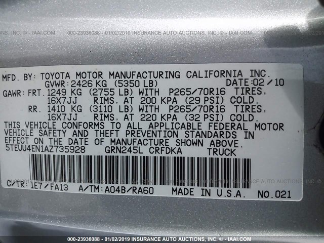 5TEUU4EN1AZ735928 - 2010 TOYOTA TACOMA ACCESS CAB ვერცხლისფერი ფოტო 9