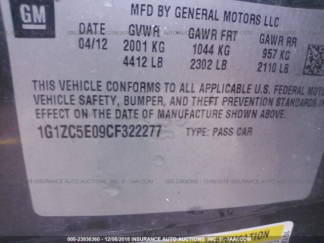 1G1ZC5E09CF322277 - 2012 CHEVROLET MALIBU 1LT GRAY photo 9