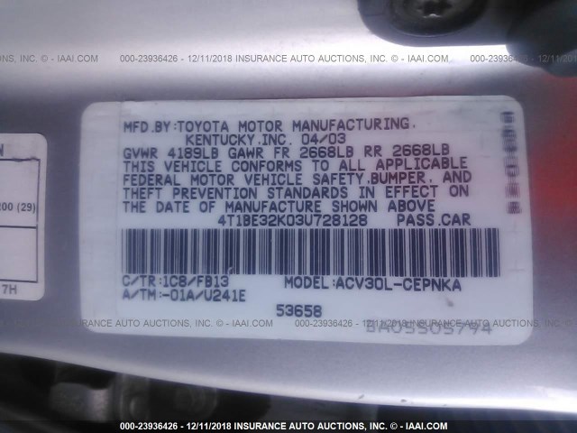 4T1BE32K03U728128 - 2003 TOYOTA CAMRY LE/XLE/SE SILVER photo 9