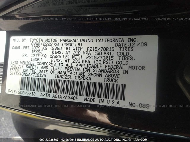 5TETX4CN5AZ718135 - 2010 TOYOTA TACOMA ACCESS CAB შავი ფოტო 9