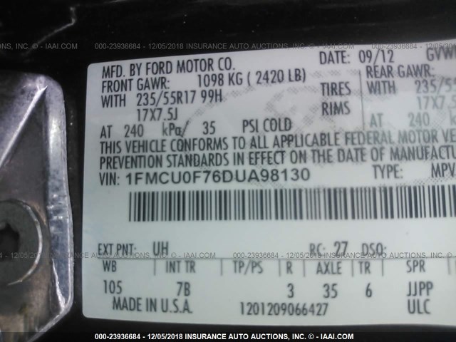 1FMCU0F76DUA98130 - 2013 FORD ESCAPE S BLACK photo 9