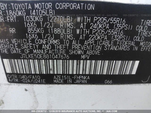 JTLKE50E881047676 - 2008 TOYOTA SCION XB 白色 照片 9