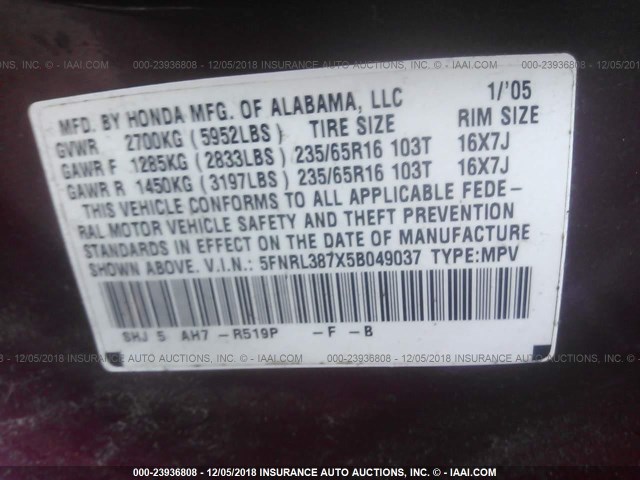 5FNRL387X5B049037 - 2005 HONDA ODYSSEY EXL RED photo 9