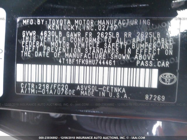 4T1BF1FK9HU744461 - 2017 TOYOTA CAMRY LE/XLE/SE/XSE BLACK photo 9