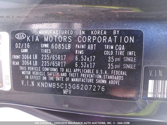 KNDMB5C15G6207276 - 2016 KIA SEDONA LX GRAY photo 9