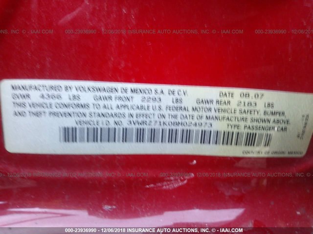 3VWRZ71K08M024973 - 2008 VOLKSWAGEN JETTA SE/SEL RED photo 9