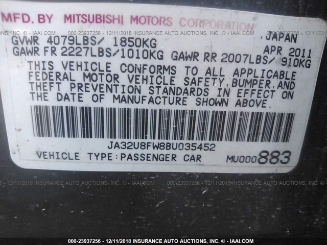 JA32U8FW8BU035452 - 2011 MITSUBISHI LANCER GTS GRAY photo 9