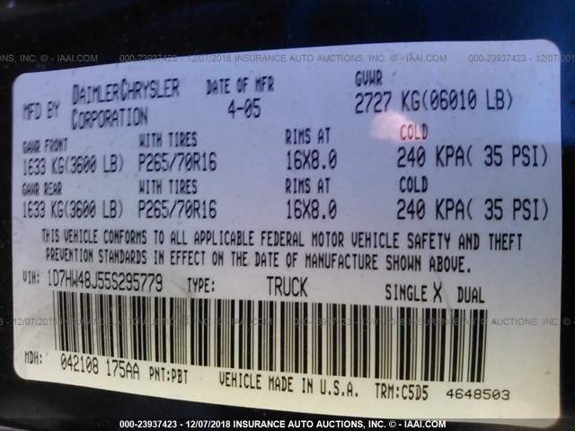 1D7HW48J55S295779 - 2005 DODGE DAKOTA QUAD SLT BLUE photo 9