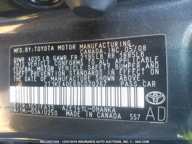 2T1KE40E69C020267 - 2009 TOYOTA COROLLA MATRIX S GRAY photo 9