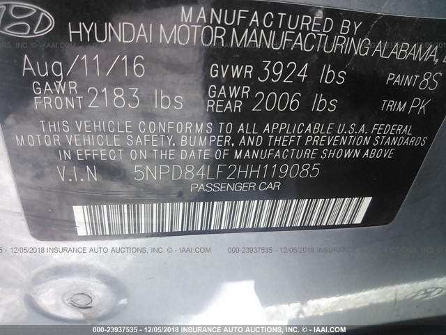 5NPD84LF2HH119085 - 2017 HYUNDAI ELANTRA SE/VALUE/LIMITED SILVER photo 9