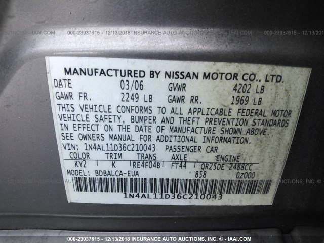 1N4AL11D36C210043 - 2006 NISSAN ALTIMA S/SL GRAY photo 9