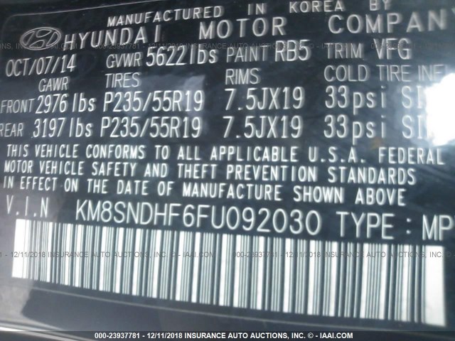 KM8SNDHF6FU092030 - 2015 HYUNDAI SANTA FE GLS/LIMITED BLACK photo 9