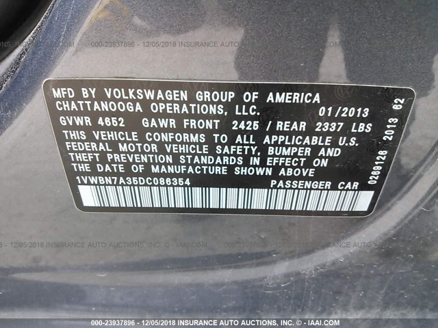 1VWBN7A35DC086354 - 2013 VOLKSWAGEN PASSAT SE GRAY photo 9