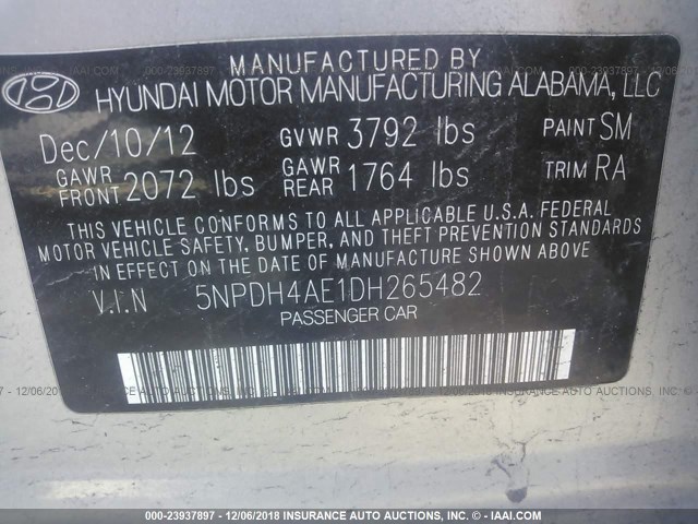 5NPDH4AE1DH265482 - 2013 HYUNDAI ELANTRA GLS/LIMITED SILVER photo 9