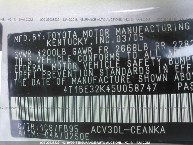 4T1BE32K45U058747 - 2005 TOYOTA CAMRY LE/XLE/SE GRAY photo 9