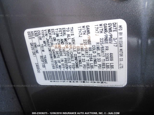 JN8AT2MT6HW151269 - 2017 NISSAN ROGUE S/SL/SV GRAY photo 9