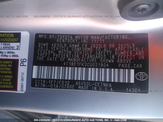 4T1BF1FK2CU021804 - 2012 TOYOTA CAMRY SE/LE/XLE 银色 照片 9