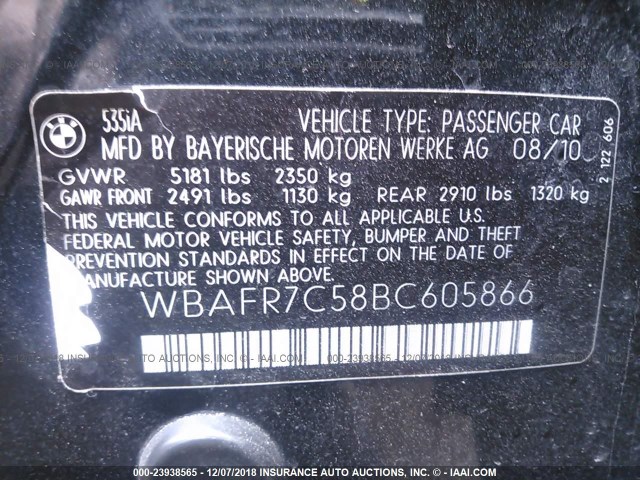 WBAFR7C58BC605866 - 2011 BMW 535 I BLACK photo 9