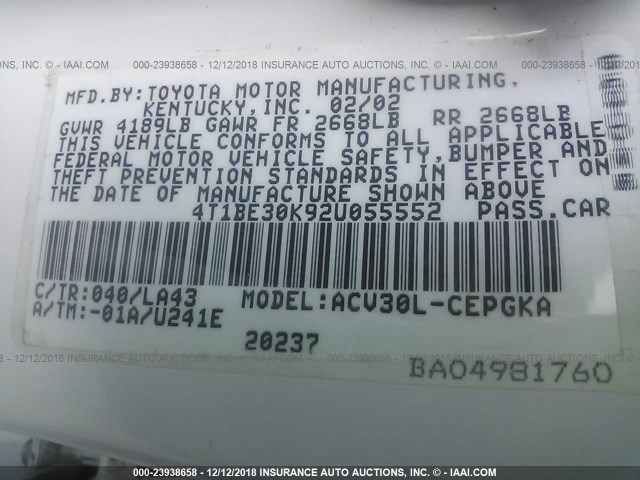 4T1BE30K92U055552 - 2002 TOYOTA CAMRY LE/XLE/SE WHITE photo 9