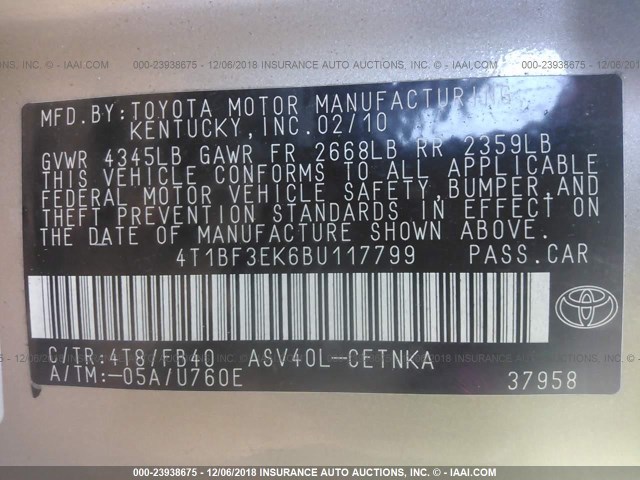 4T1BF3EK6BU117799 - 2011 TOYOTA CAMRY SE/LE/XLE GOLD photo 9