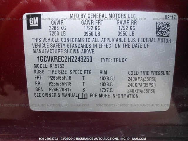 1GCVKREC2HZ248250 - 2017 CHEVROLET SILVERADO K1500 LT BURGUNDY photo 9