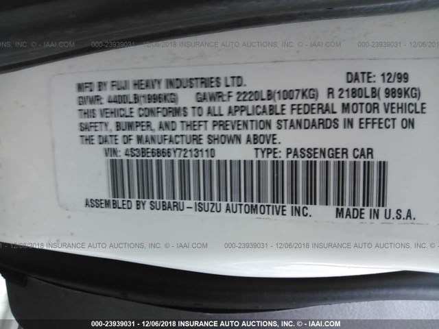 4S3BE6866Y7213110 - 2000 SUBARU LEGACY OUTBACK LIMITED WHITE photo 9