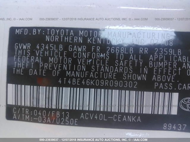 4T4BE46K09R090302 - 2009 TOYOTA CAMRY SE/LE/XLE 白色 照片 9