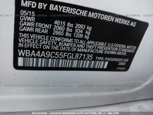 WBA4A9C55FGL87135 - 2015 BMW 428 I/GRAN COUPE/SULEV WHITE photo 9