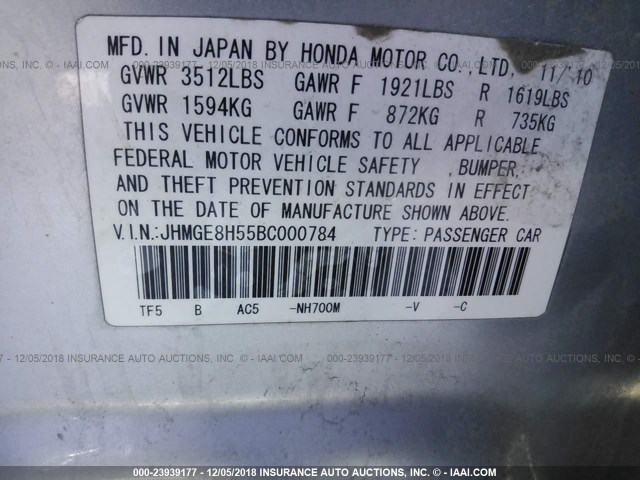 JHMGE8H55BC000784 - 2011 HONDA FIT SPORT SILVER photo 9