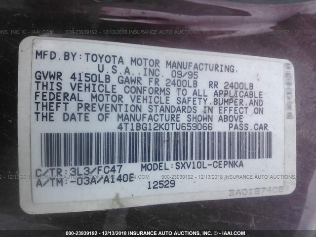 4T1BG12K0TU659066 - 1996 TOYOTA CAMRY DX/LE/XLE MAROON photo 9