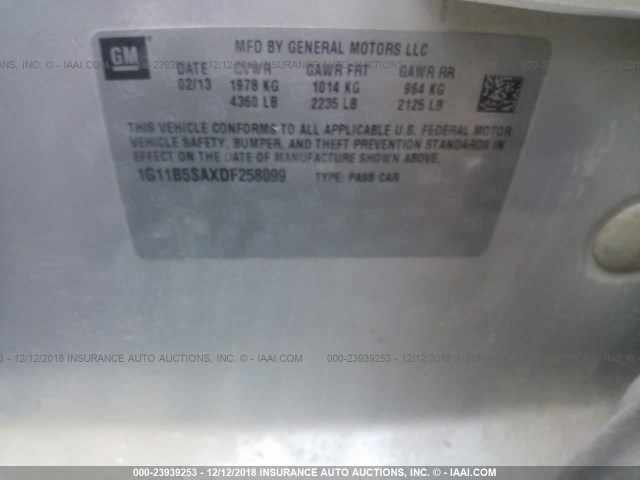1G11B5SAXDF258099 - 2013 CHEVROLET MALIBU LS 银色 照片 9