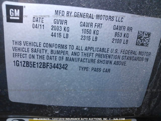 1G1ZB5E12BF344342 - 2011 CHEVROLET MALIBU LS ნაცრისფერი ფოტო 9