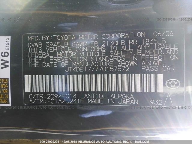 JTKDE177770157572 - 2007 TOYOTA SCION TC 黑色 照片 9